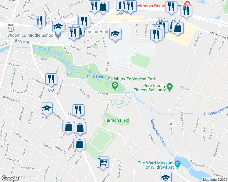 map of restaurants, bars, coffee shops, grocery stores, and more near 755 South Park Drive in Salisbury
