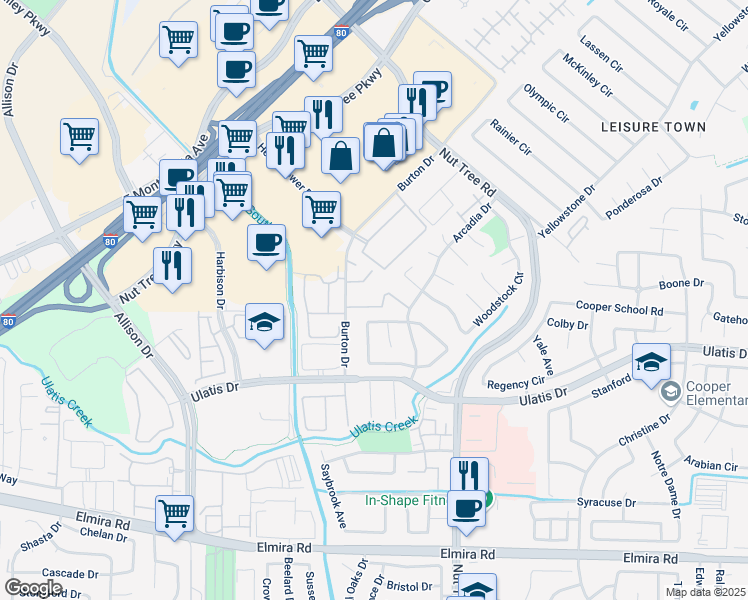 map of restaurants, bars, coffee shops, grocery stores, and more near 636 Arcadia Drive in Vacaville