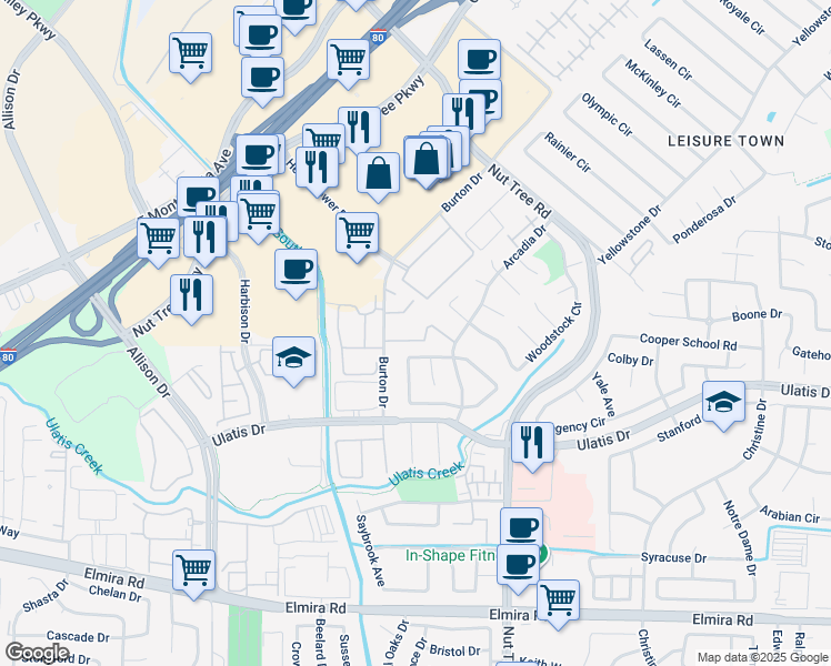 map of restaurants, bars, coffee shops, grocery stores, and more near 462 Danbury Circle in Vacaville