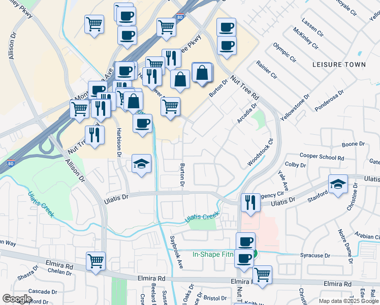 map of restaurants, bars, coffee shops, grocery stores, and more near 1120 Burton Drive in Vacaville