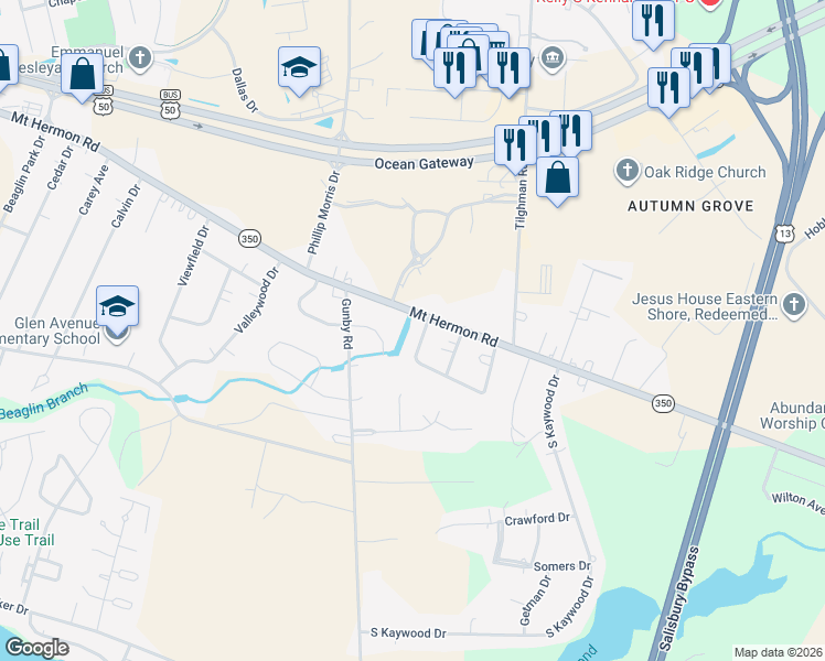 map of restaurants, bars, coffee shops, grocery stores, and more near 1704 Crestwood Circle in Salisbury