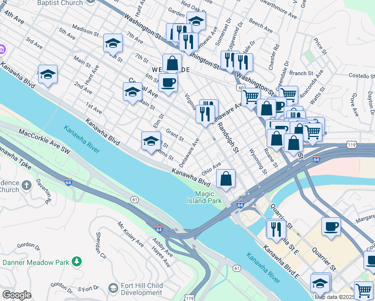 map of restaurants, bars, coffee shops, grocery stores, and more near 25 Delaware Avenue in Charleston