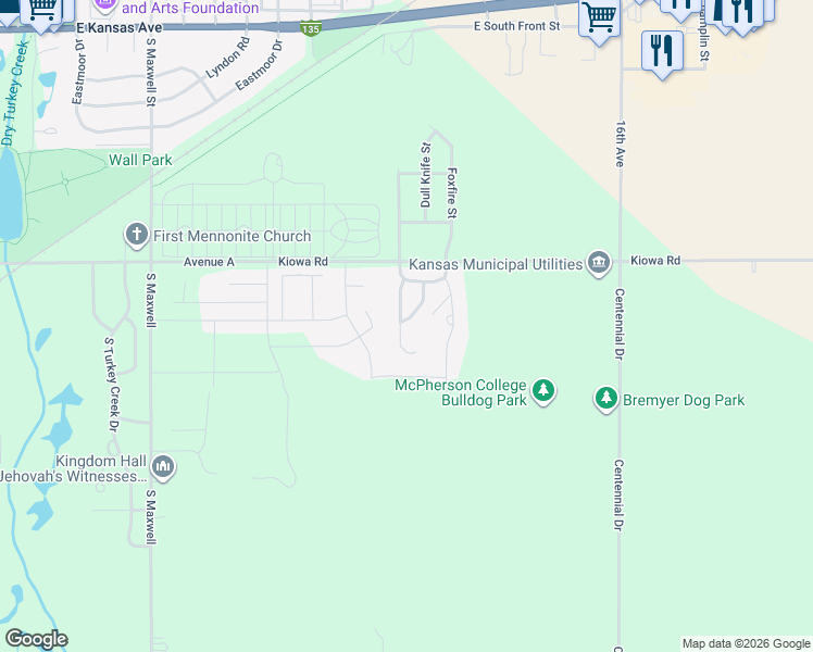 map of restaurants, bars, coffee shops, grocery stores, and more near 814 Clubhouse Drive in McPherson