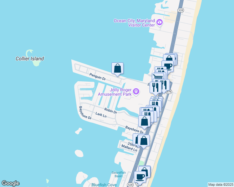 map of restaurants, bars, coffee shops, grocery stores, and more near 2817 Tern Drive in Ocean City