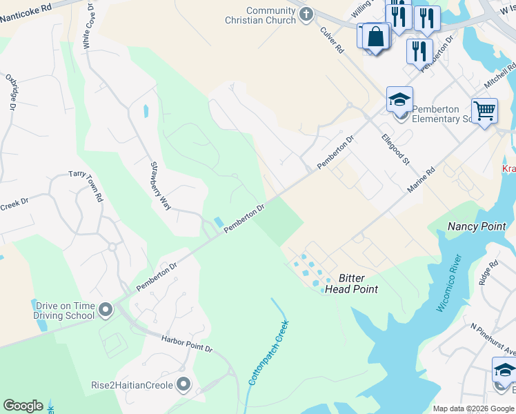 map of restaurants, bars, coffee shops, grocery stores, and more near 1406 Pemberton Drive in Salisbury