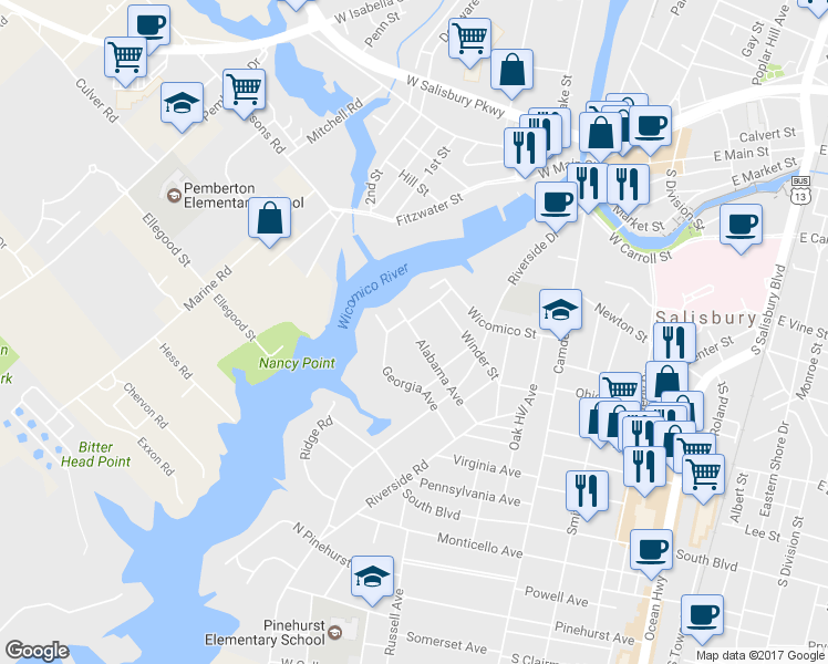 map of restaurants, bars, coffee shops, grocery stores, and more near 532 Alabama Avenue in Salisbury
