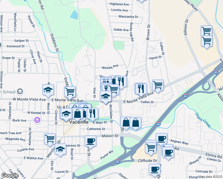 map of restaurants, bars, coffee shops, grocery stores, and more near 781 East Monte Vista Avenue in Vacaville