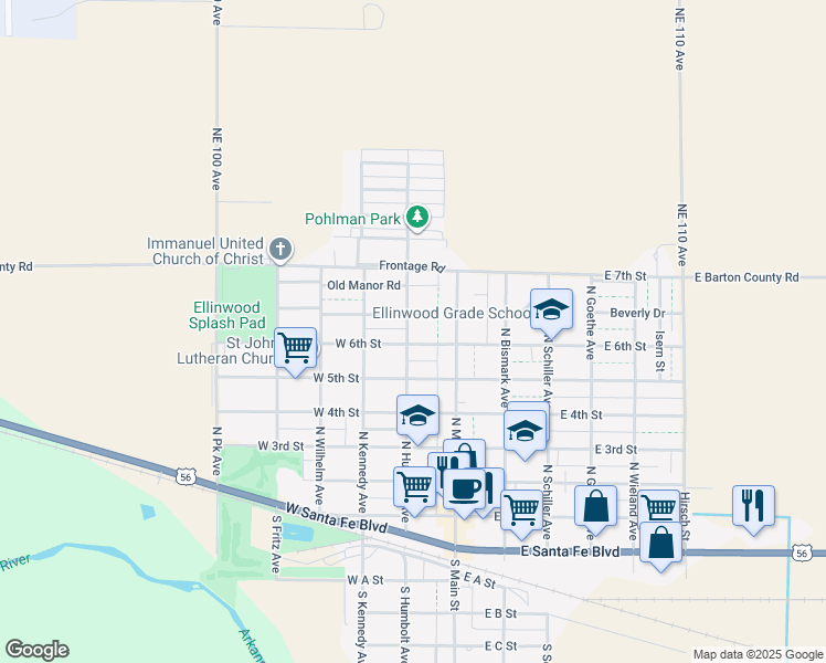 map of restaurants, bars, coffee shops, grocery stores, and more near 509 North Humbolt Avenue in Ellinwood