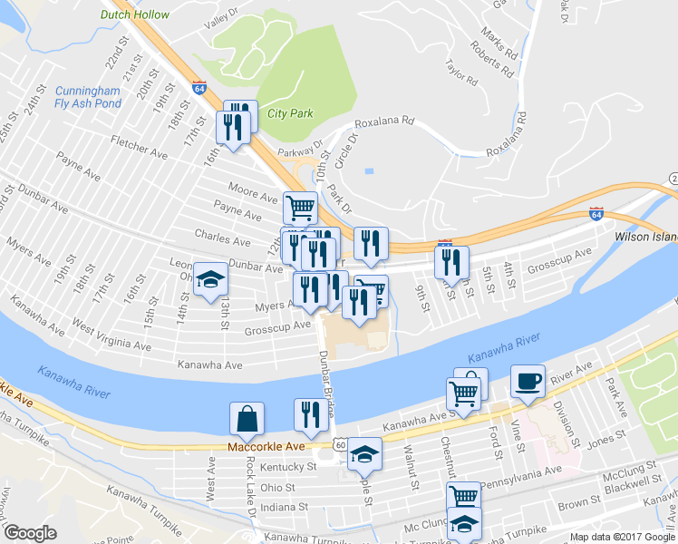 map of restaurants, bars, coffee shops, grocery stores, and more near 1050 Dunbar Avenue in Dunbar