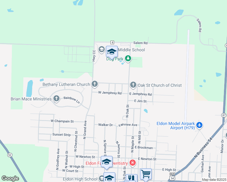 map of restaurants, bars, coffee shops, grocery stores, and more near 1001 Jefferson in Eldon