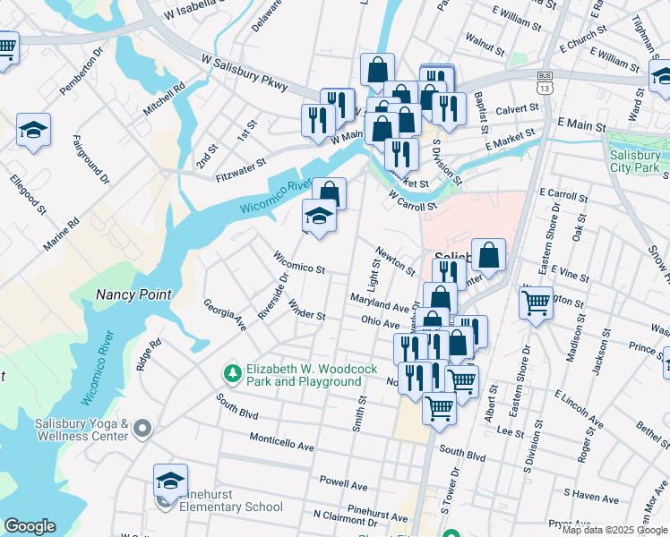 map of restaurants, bars, coffee shops, grocery stores, and more near 514 Camden Avenue in Salisbury