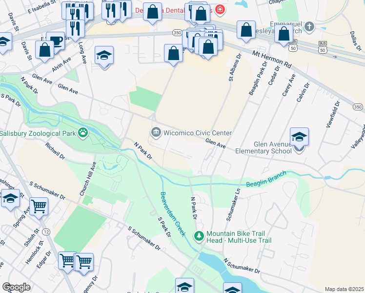 map of restaurants, bars, coffee shops, grocery stores, and more near 600 Glen Avenue in Salisbury