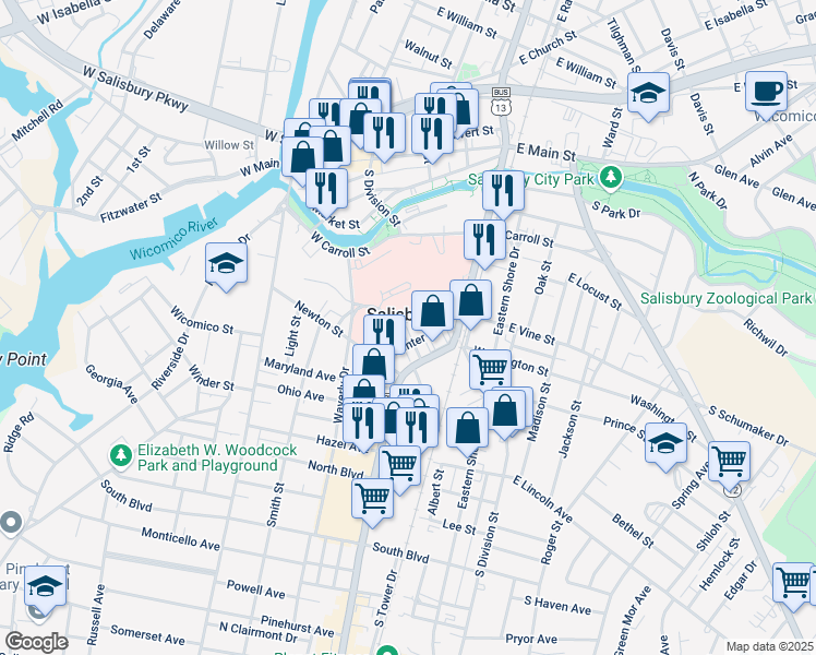 map of restaurants, bars, coffee shops, grocery stores, and more near 112 West Vine Street in Salisbury