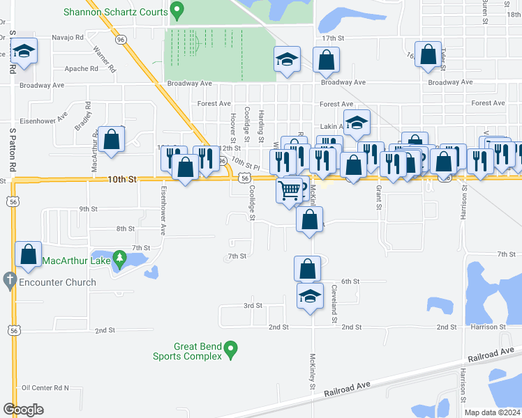 map of restaurants, bars, coffee shops, grocery stores, and more near 800-998 Coolidge St in Great Bend