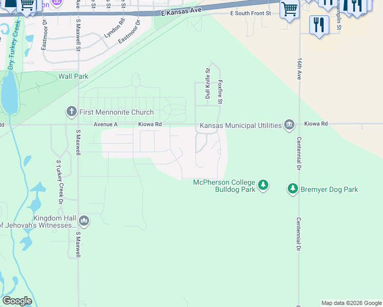 map of restaurants, bars, coffee shops, grocery stores, and more near 1540 Curtiss in McPherson