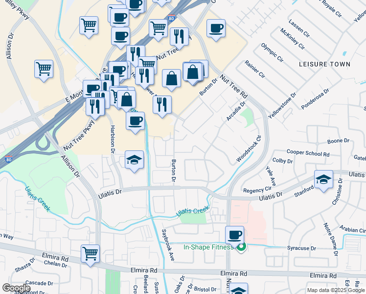 map of restaurants, bars, coffee shops, grocery stores, and more near 680 Arcadia Drive in Vacaville