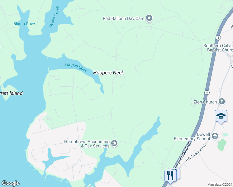 map of restaurants, bars, coffee shops, grocery stores, and more near 1260 Coster Road in Lusby