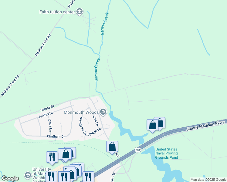 map of restaurants, bars, coffee shops, grocery stores, and more near Gambo Creek Road in King George County