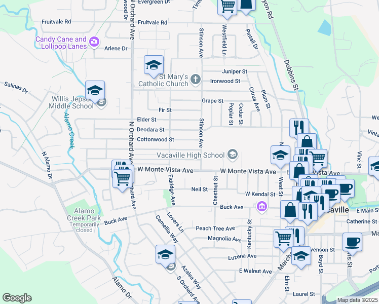 map of restaurants, bars, coffee shops, grocery stores, and more near 333 Buckeye Street in Vacaville