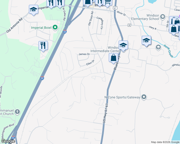 map of restaurants, bars, coffee shops, grocery stores, and more near 6235 Terrie Lane in Imperial
