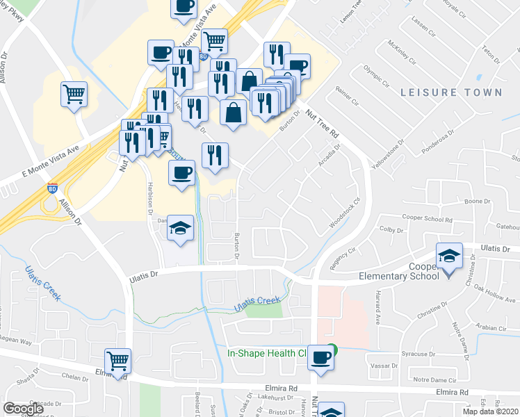 map of restaurants, bars, coffee shops, grocery stores, and more near 356 Arcadia Court in Vacaville