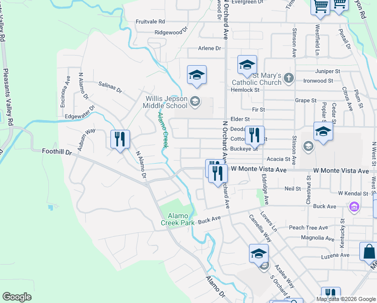 map of restaurants, bars, coffee shops, grocery stores, and more near 593 Cottonwood Street in Vacaville