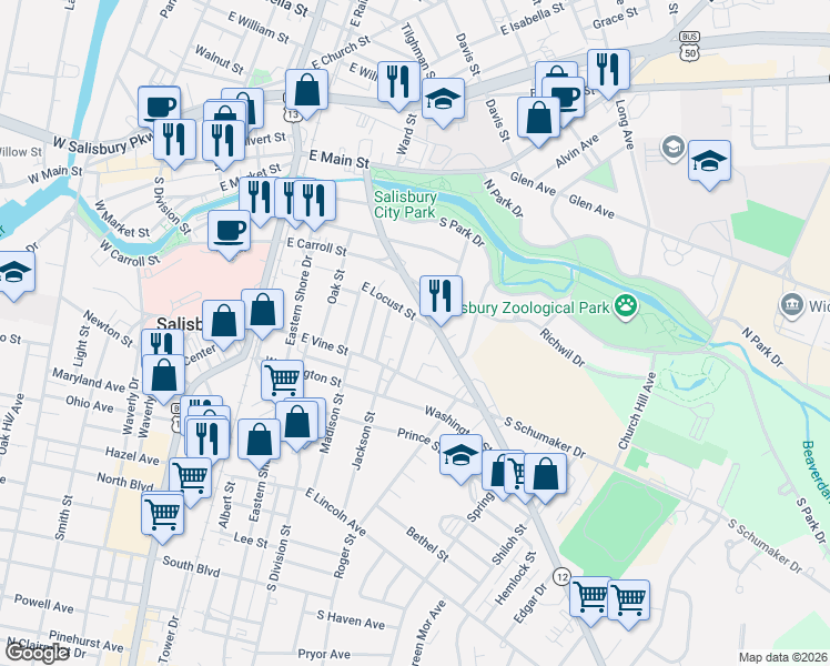map of restaurants, bars, coffee shops, grocery stores, and more near 354 Snow Hill Road in Salisbury