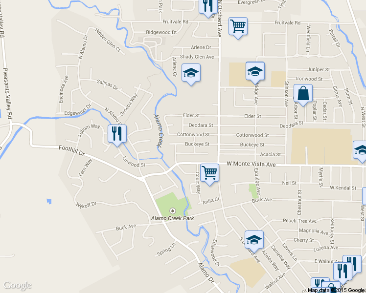 map of restaurants, bars, coffee shops, grocery stores, and more near 593 Cottonwood Street in Vacaville