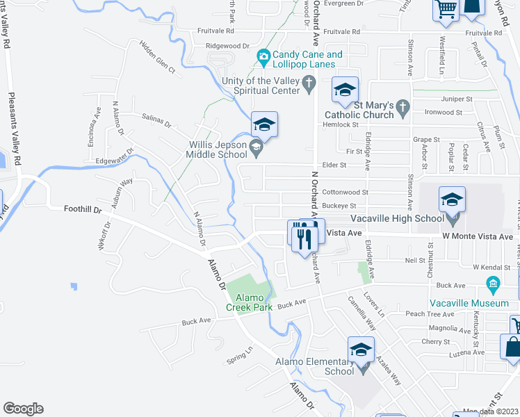 map of restaurants, bars, coffee shops, grocery stores, and more near 585 Buckeye Street in Vacaville