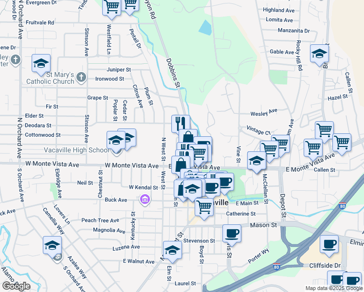 map of restaurants, bars, coffee shops, grocery stores, and more near 81 Cernon Street in Vacaville