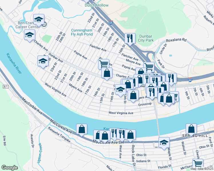 map of restaurants, bars, coffee shops, grocery stores, and more near in Dunbar