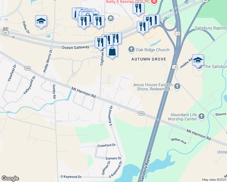 map of restaurants, bars, coffee shops, grocery stores, and more near 308 North Kaywood Drive in Salisbury