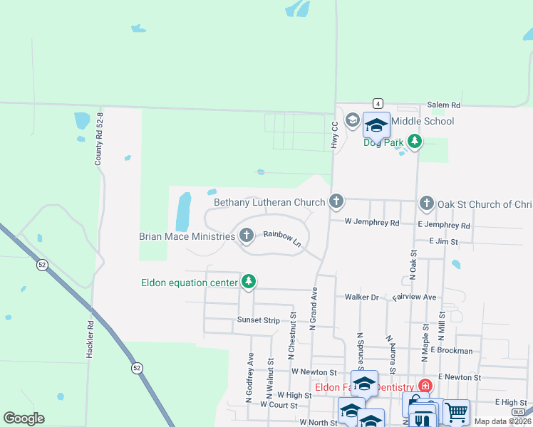 map of restaurants, bars, coffee shops, grocery stores, and more near 1098 Sassafrass Dr in Eldon