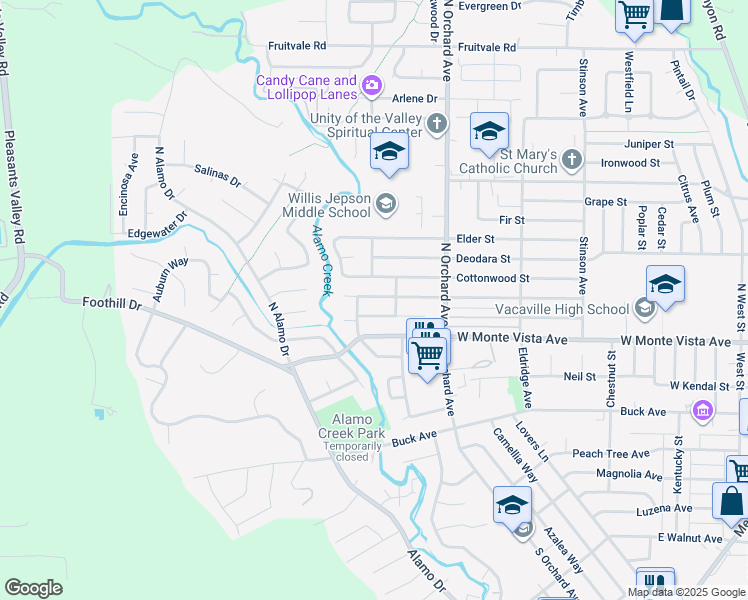 map of restaurants, bars, coffee shops, grocery stores, and more near 579 Buckeye Street in Vacaville