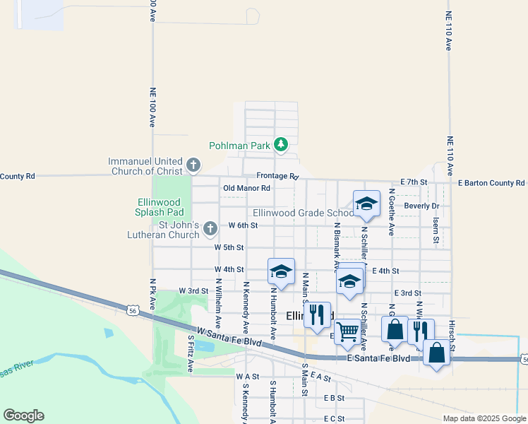 map of restaurants, bars, coffee shops, grocery stores, and more near 200 Pembroke Lane in Ellinwood