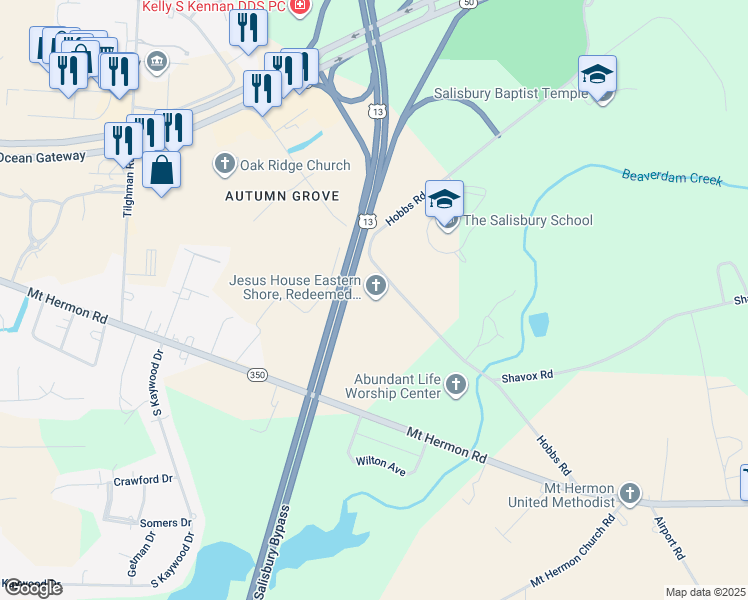map of restaurants, bars, coffee shops, grocery stores, and more near 6130 Hobbs Road in Salisbury