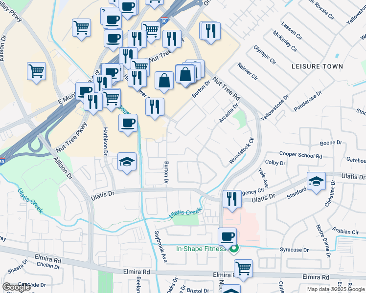 map of restaurants, bars, coffee shops, grocery stores, and more near 616 Arcadia Drive in Vacaville