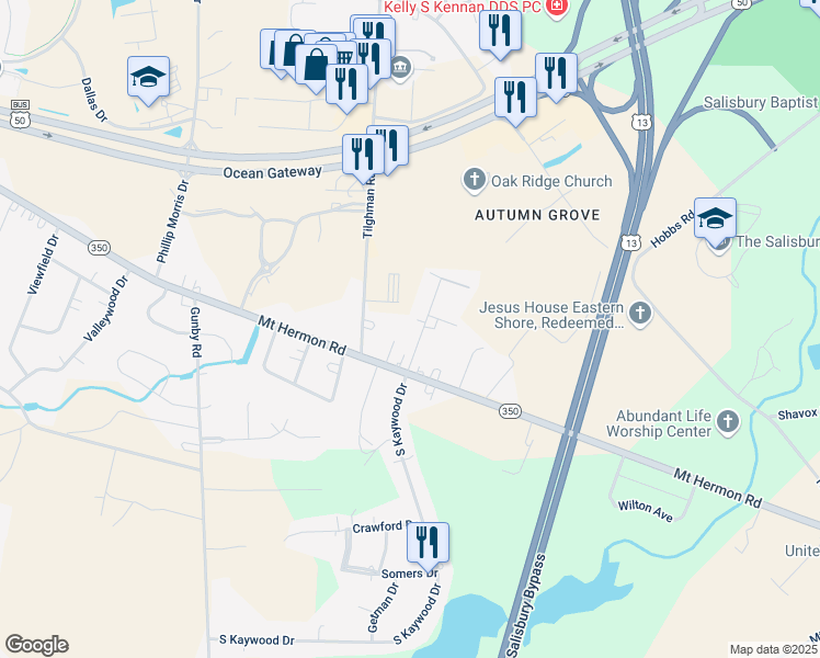 map of restaurants, bars, coffee shops, grocery stores, and more near 308 North Kaywood Drive in Salisbury