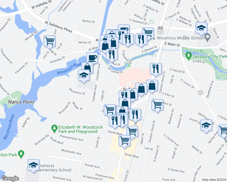 map of restaurants, bars, coffee shops, grocery stores, and more near 201 Locust Terrace in Salisbury