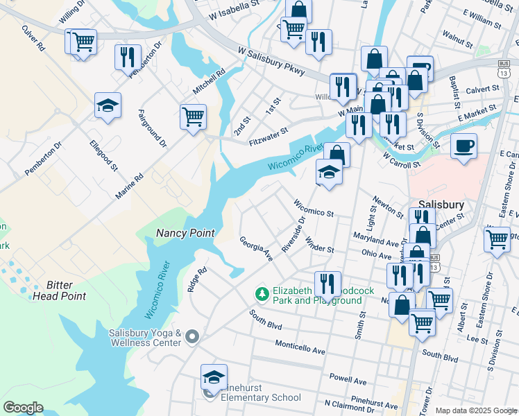 map of restaurants, bars, coffee shops, grocery stores, and more near 660 River Oak Court in Salisbury