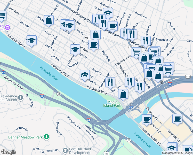 map of restaurants, bars, coffee shops, grocery stores, and more near 521 Grant Street in Charleston