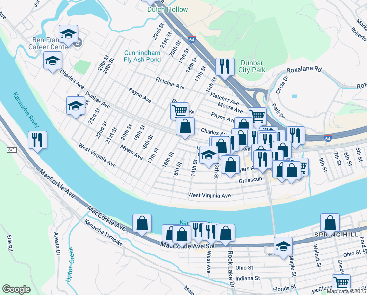 map of restaurants, bars, coffee shops, grocery stores, and more near in Dunbar