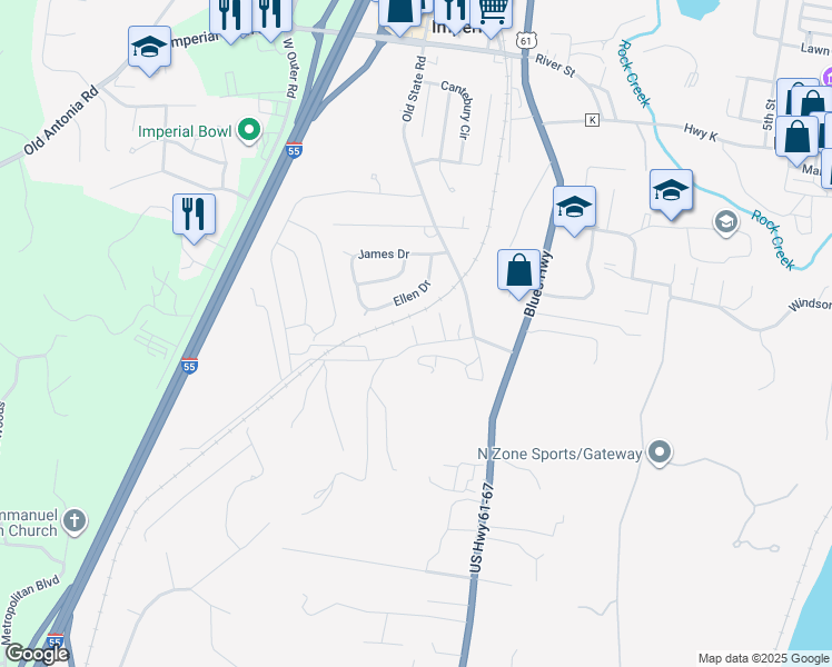 map of restaurants, bars, coffee shops, grocery stores, and more near 1132 Ellen Drive in Imperial