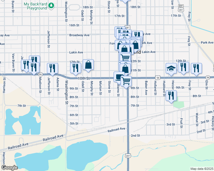 map of restaurants, bars, coffee shops, grocery stores, and more near 900-998 Stone St in Great Bend