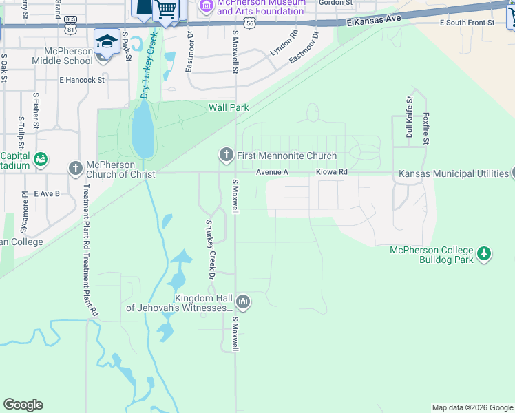 map of restaurants, bars, coffee shops, grocery stores, and more near 1200 East Avenue A in McPherson