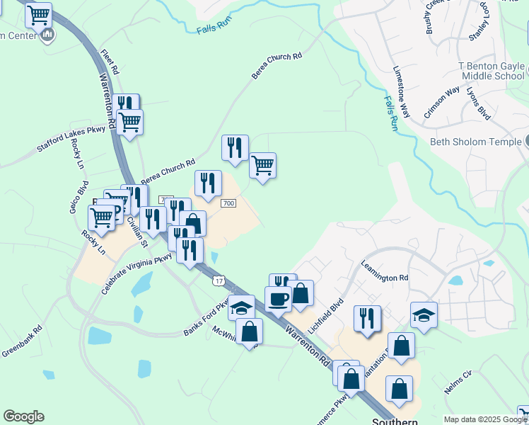 map of restaurants, bars, coffee shops, grocery stores, and more near 107 Juliad Court in Fredericksburg