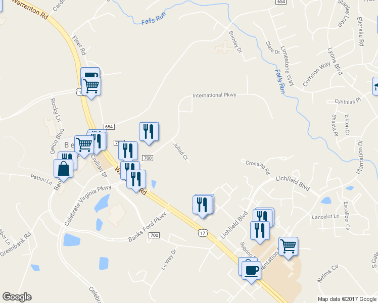 map of restaurants, bars, coffee shops, grocery stores, and more near 107 Juliad Court in Fredericksburg