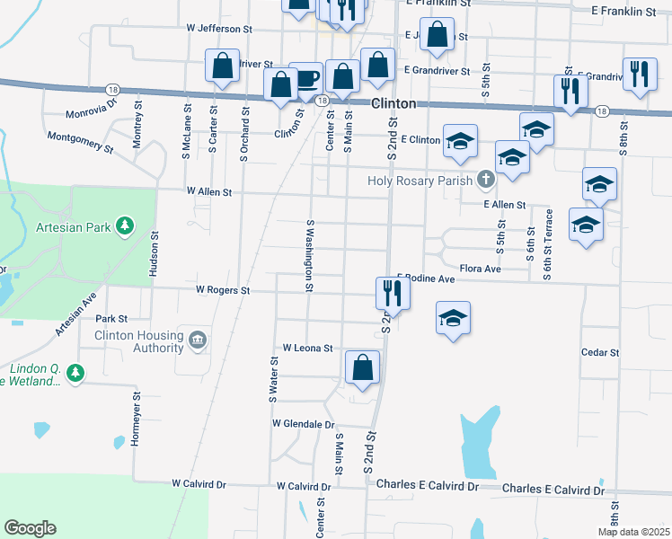 map of restaurants, bars, coffee shops, grocery stores, and more near 107 East Tebo Street in Clinton