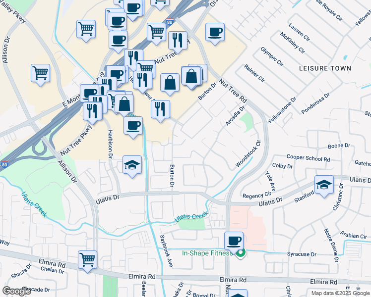 map of restaurants, bars, coffee shops, grocery stores, and more near 598 Arcadia Drive in Vacaville