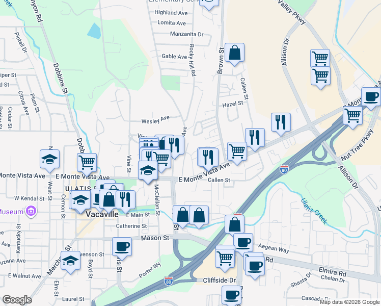 map of restaurants, bars, coffee shops, grocery stores, and more near 46 Phillips Drive in Vacaville
